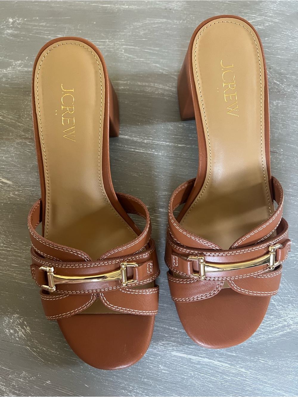 J.Crew NIB Cognac Leather Block Heel Mule Sandals Gold Horsebit Women’s Size 7 - Picture 5 of 11